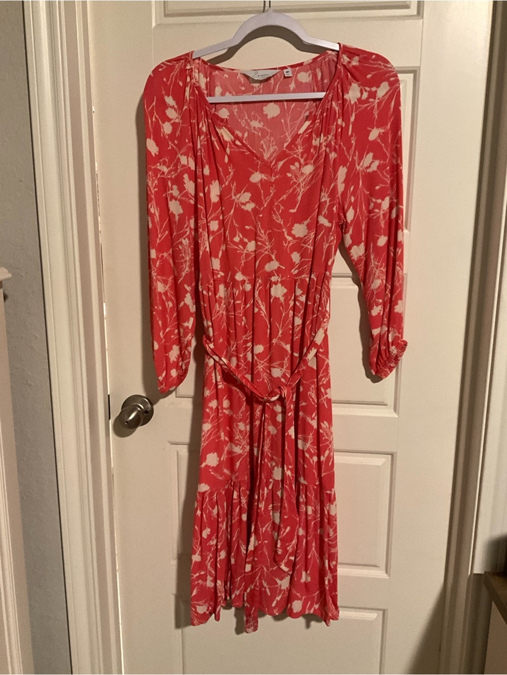 Coral Floral Long-Sleeve Midi Dress with Tie Waist